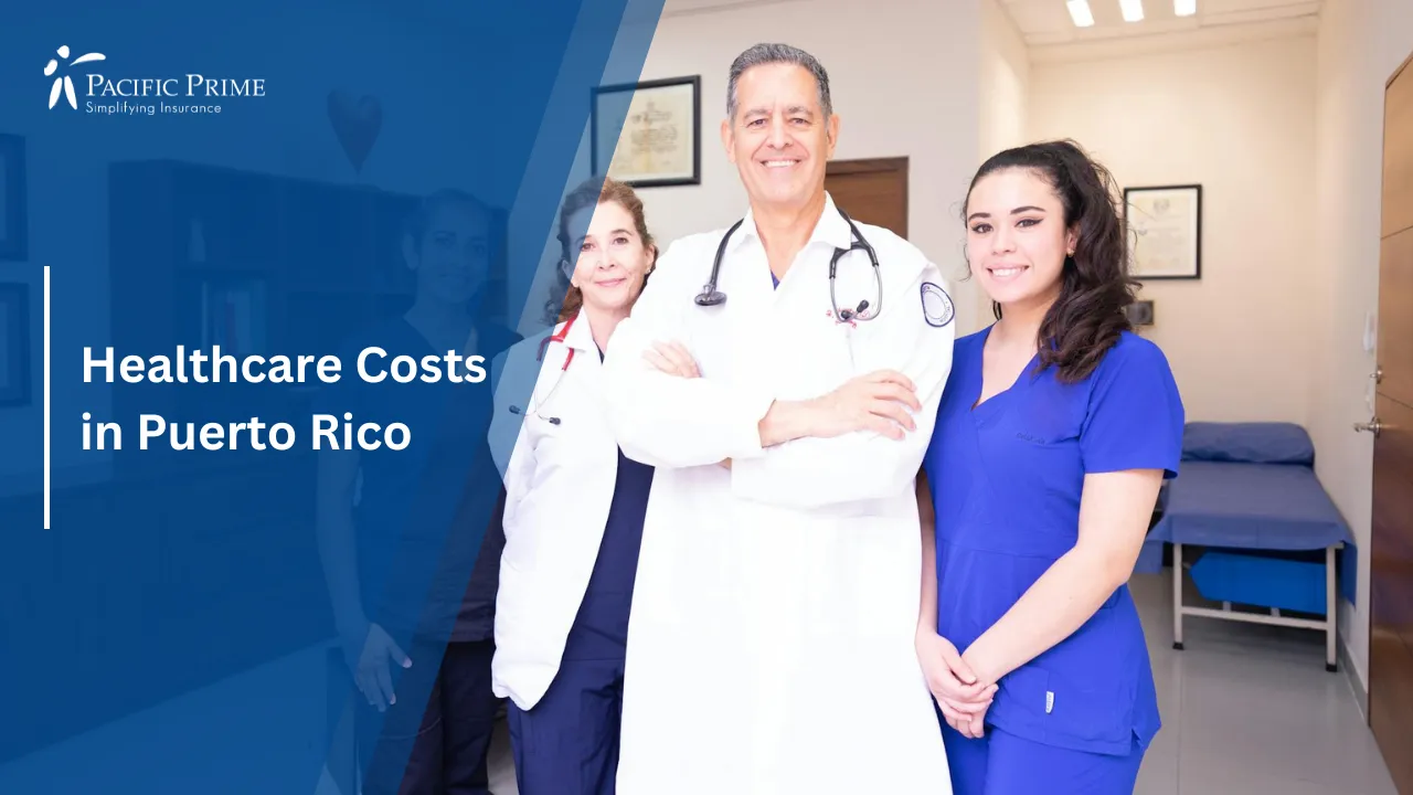 Image of Diverse Medical Team Working Together In A Modern Clinic Office with text overlay of "Healthcare Costs in Puerto Rico"
