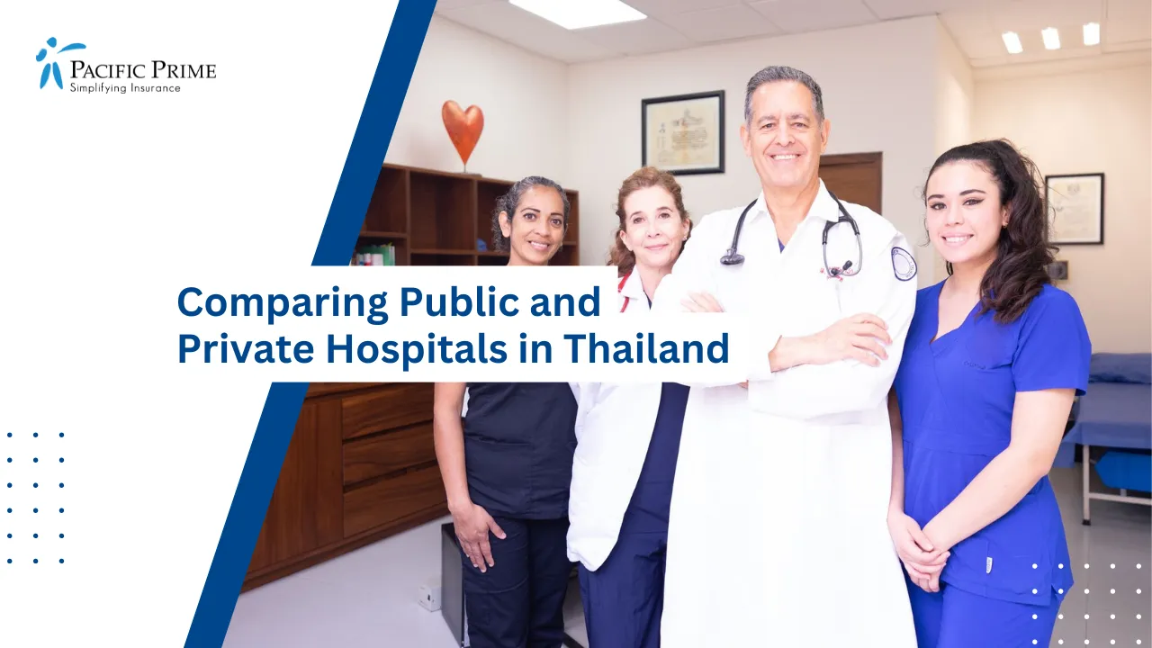 Image of Diverse Medical Team Working Together In A Modern Clinical Environment with text overlay of "Comparing Public and Private Hospitals in Thailand"