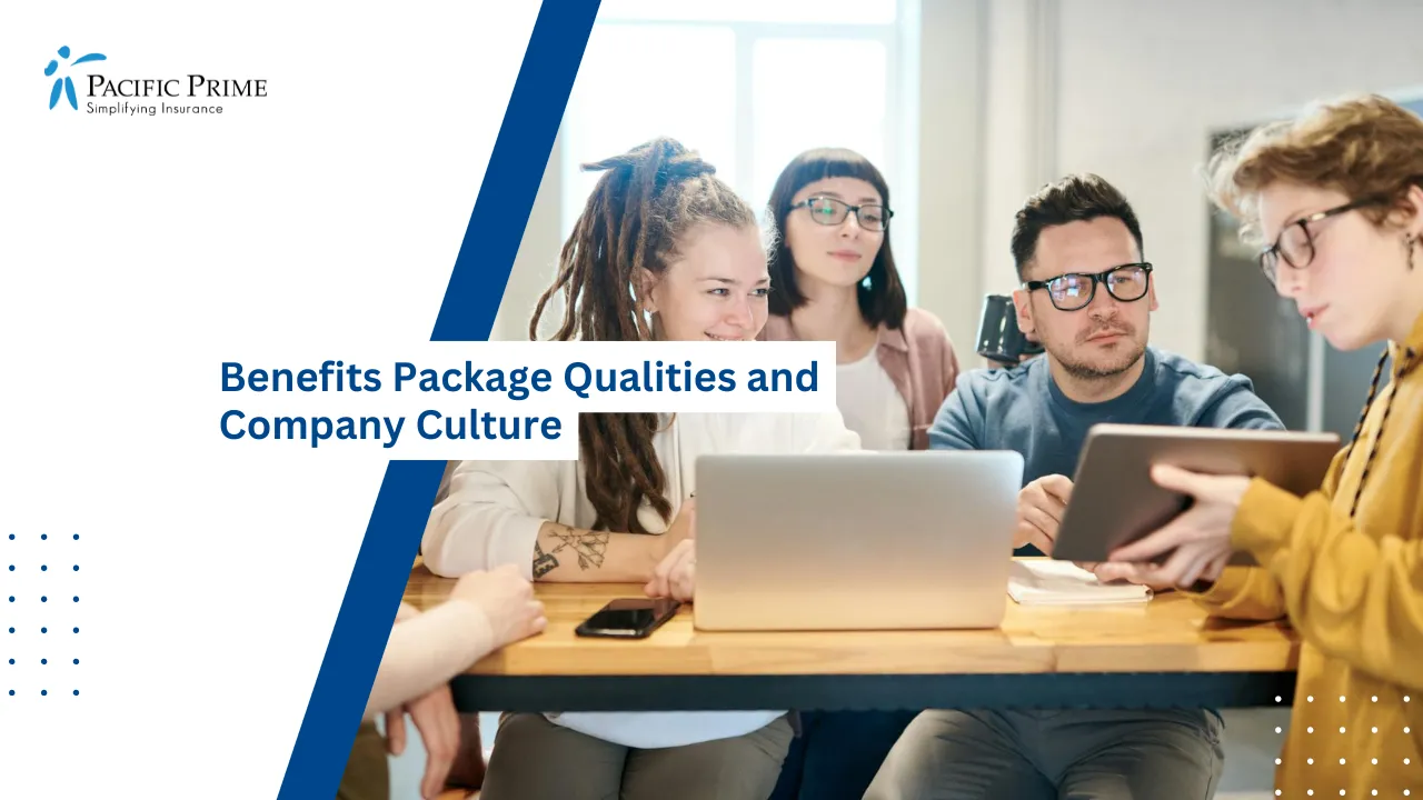 Image of Diverse Professionals Brainstorming Around Table With Laptops And Devices with text overlay of "Benefits Package Qualities and Company Culture"