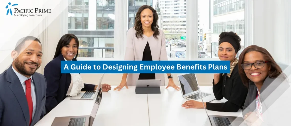 Image of Diverse Professionals Collaborating In A Boardroom Meeting With Laptops And Notes with text overlay of "A Guide to Designing Employee Benefits Plans"