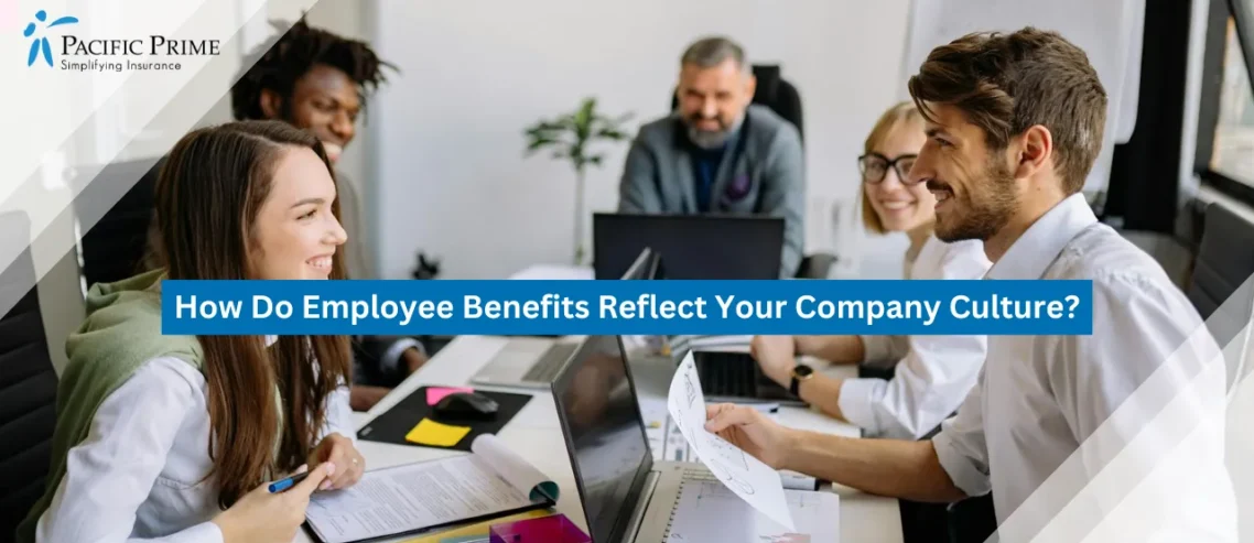 Image of Diverse Professionals In A Collaborative Meeting At A Modern Office with text overlay of "How Do Employee Benefits Reflect Your Company Culture?"