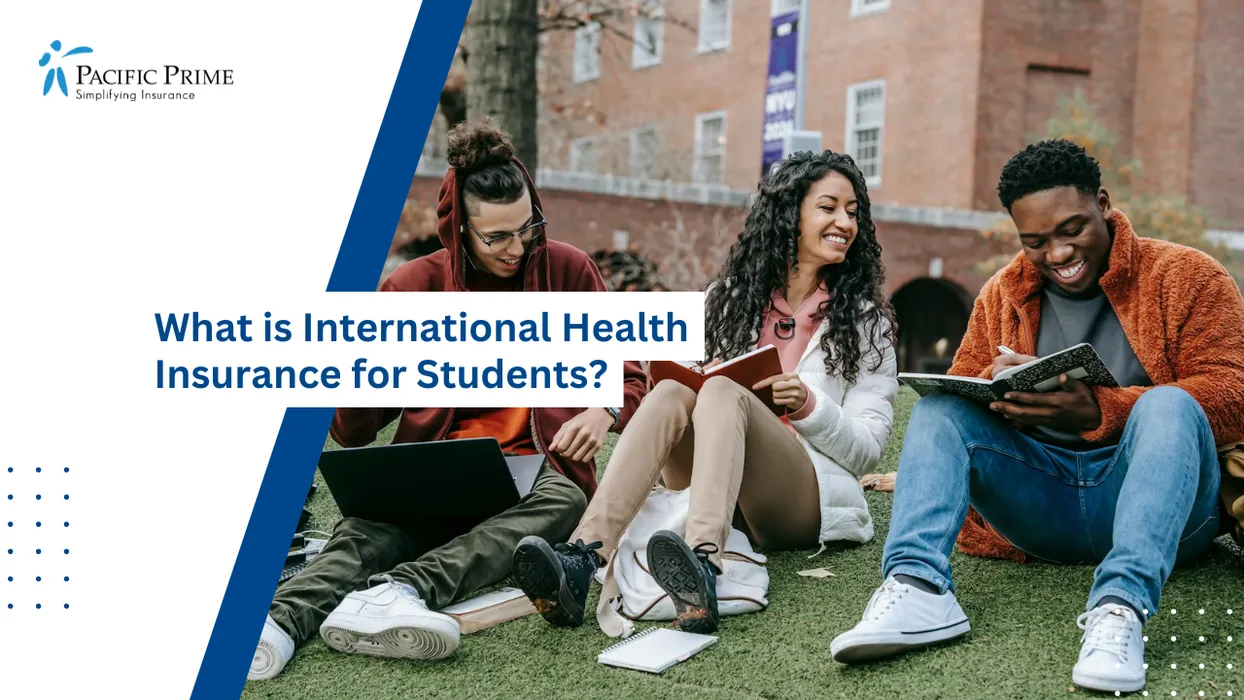 Image of Diverse Students With Books Relaxing Outside Campus In A Friendly Academic Setting with text overlay of "What is International Health Insurance for Students?"