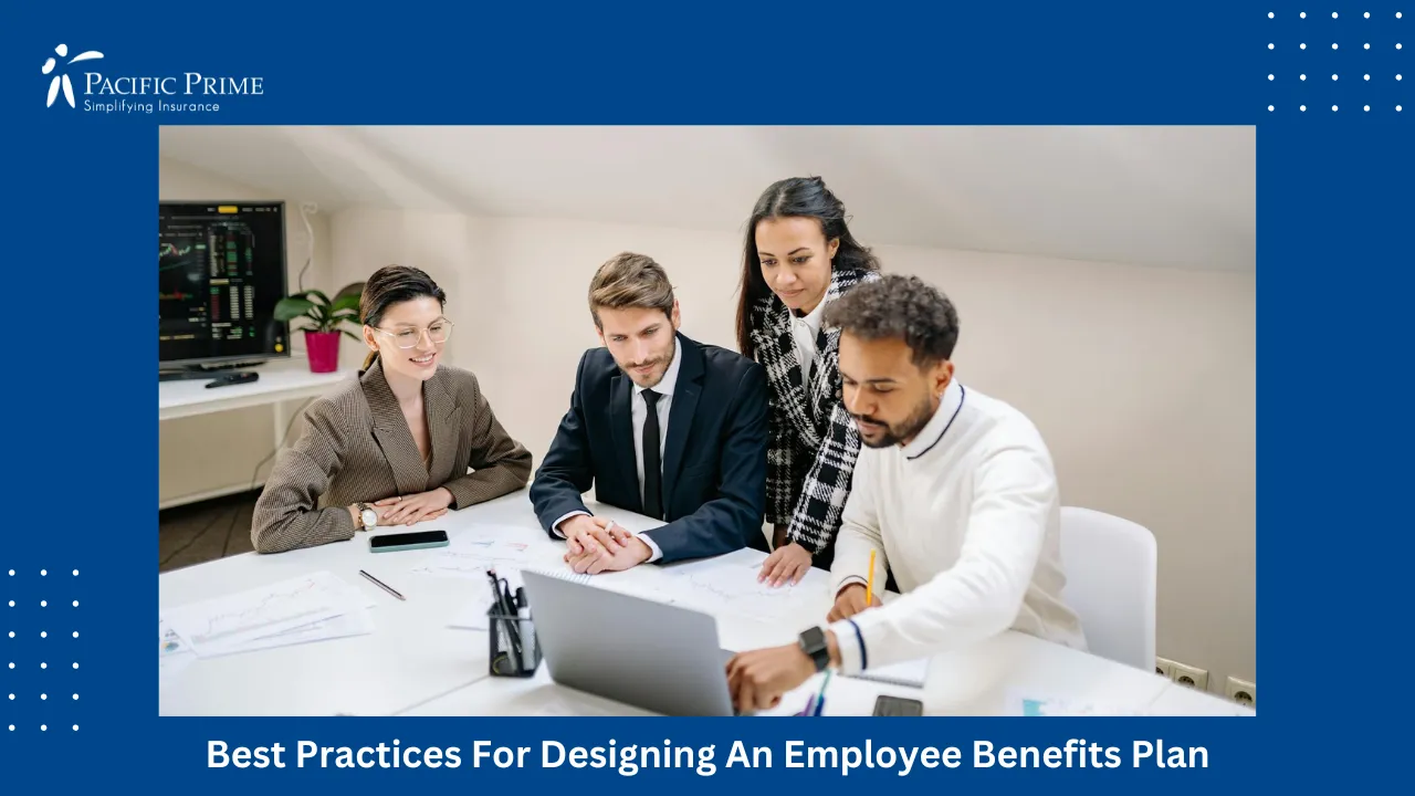 Image of Diverse Team Collaborating And Discussing Work In Modern Office with text overlay of "Best Practices For Designing An Employee Benefits Plan"