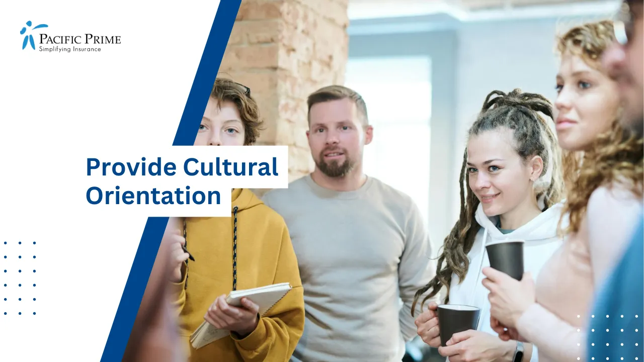 Image of Diverse Team Collaborating In A Bright, Modern Office Meeting with text overlay of "Provide Cultural Orientation"