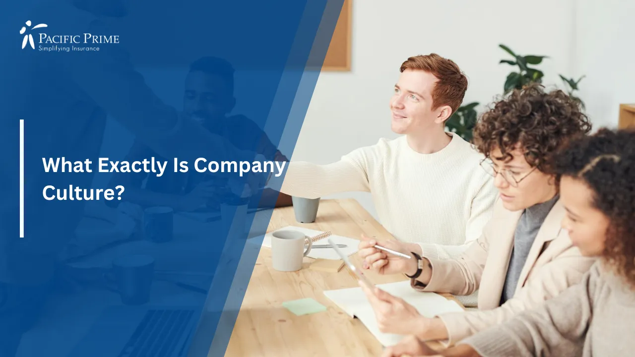 Image of Diverse Team Collaborating On A Project In A Modern Office Setting with text overlay of "What Exactly Is Company Culture?"