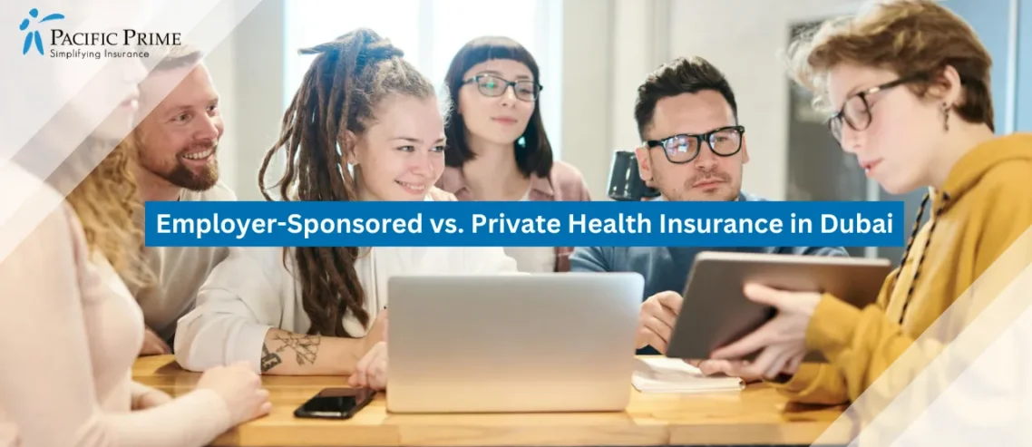 Image of Diverse Team Collaborating With Laptops During A Creative Meeting Session with text overlay of "Employer-Sponsored vs. Private Health Insurance in Dubai"