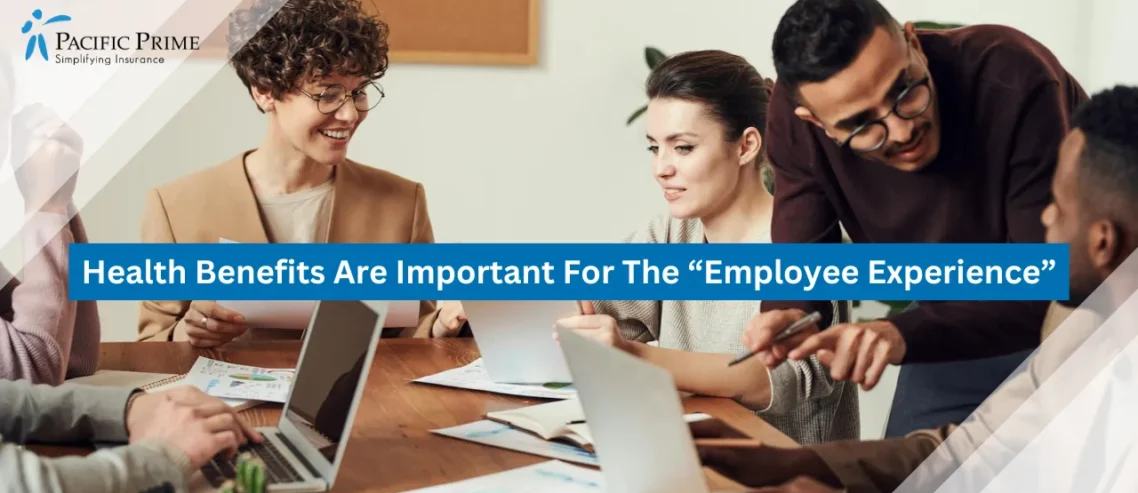 Image of Diverse Team In Office Meeting Discussing Ideas And Projects with text overlay of "Health Benefits Are Important For The “Employee Experience”"