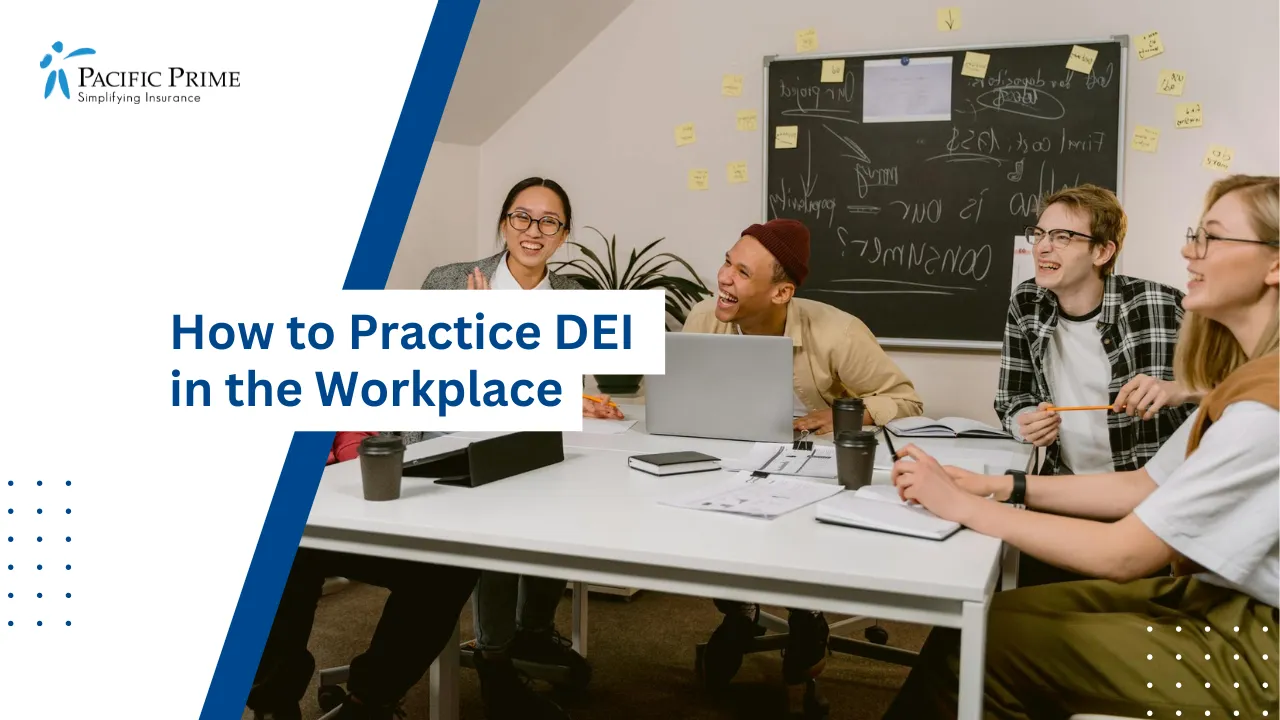 Image of Diverse Team Sharing Ideas And Laughing In Modern Office Meeting with text overlay of "How to Practice DEI in the Workplace"