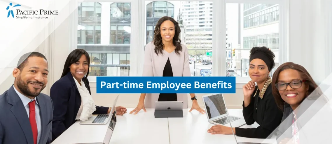 Image of Diverse Team Working Together In Boardroom With Laptops And Collaboration with text overlay of "Part-time Employee Benefits"