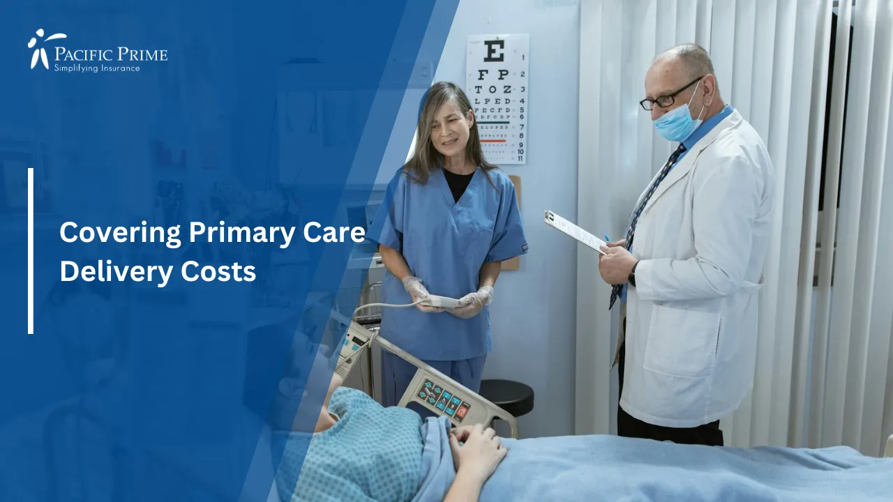 Image of Doctor And Nurse Treating Female Patient In Hospital Room with text overlay of "Covering Primary Care Delivery Costs"