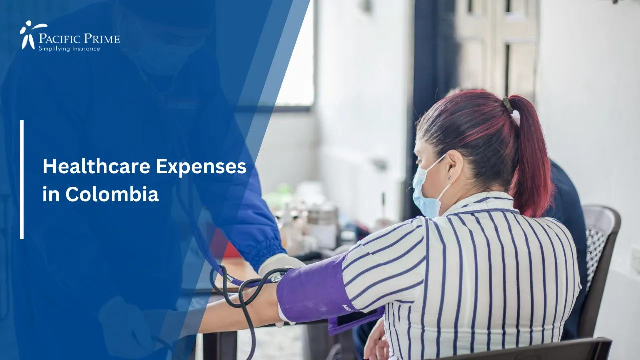 Image of Doctor Checking A Patient’s Blood Pressure In A Clinic Setting with text overlay of "Healthcare Expenses in Colombia"