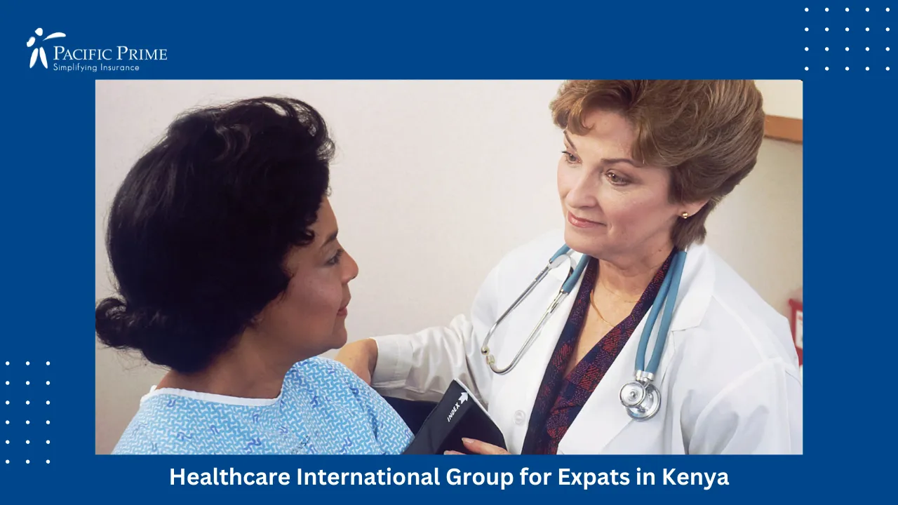 Image of Doctor Checking A Woman's Blood Pressure During A Consultation with text overlay of "Healthcare International Group for Expats in Kenya"