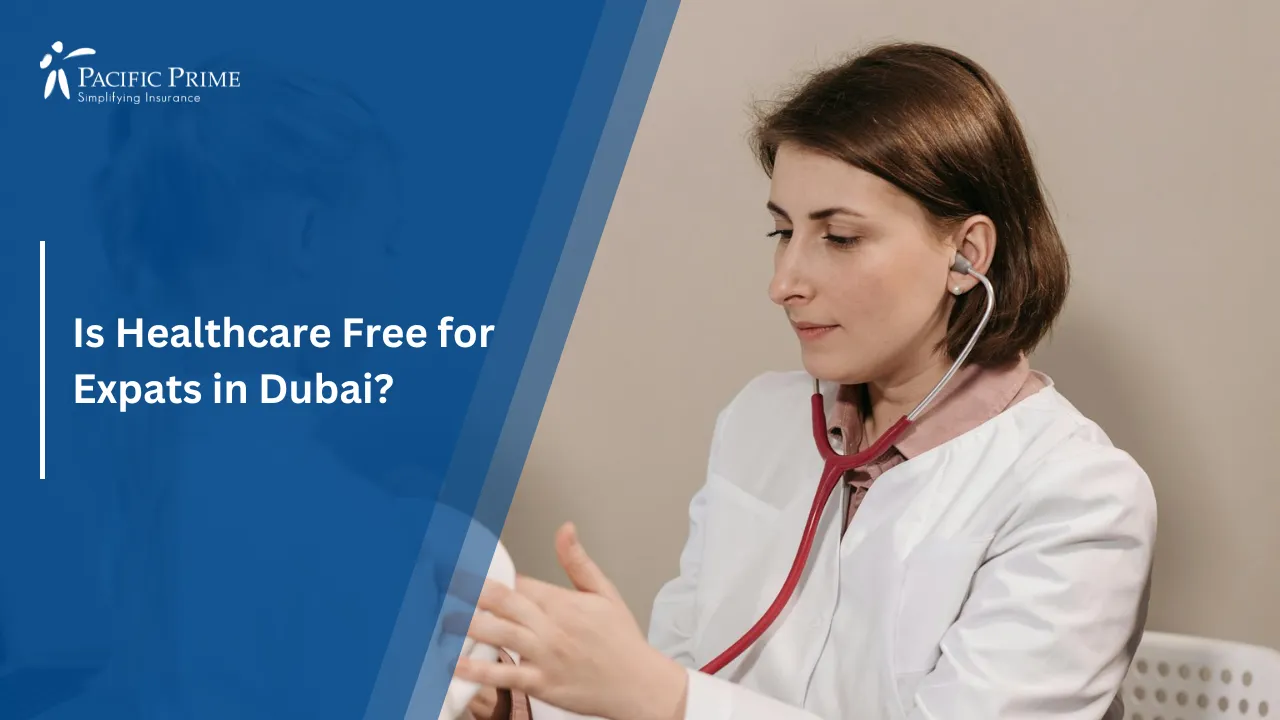 Image of Doctor Checking A Young Girl's Breathing In A Clinic with text overlay of "Is Healthcare Free for Expats in Dubai?"