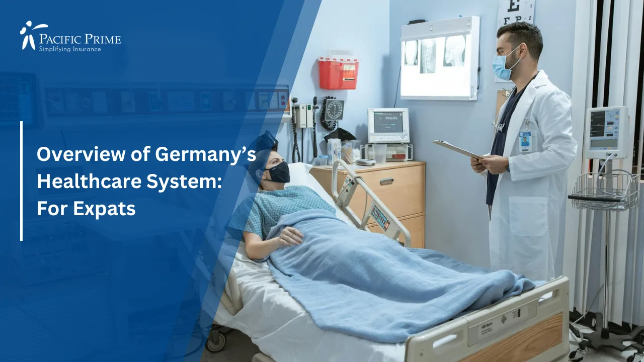 Image of Doctor Checking On Masked Patient In Hospital Room with text overlay of "Overview of Germany’s Healthcare System: For Expats"