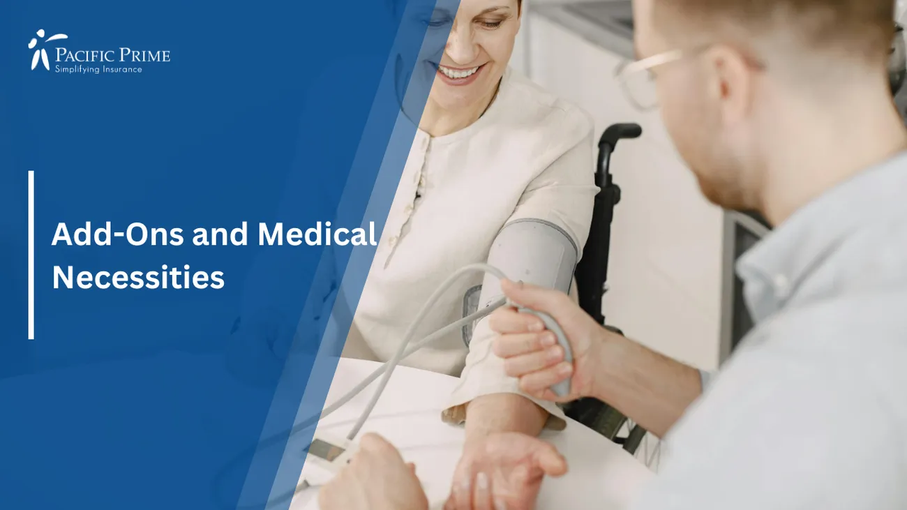 Image of Doctor Checks Elderly Woman's Blood Pressure With Sphygmomanometer with text overlay of "Add-Ons and Medical Necessities"