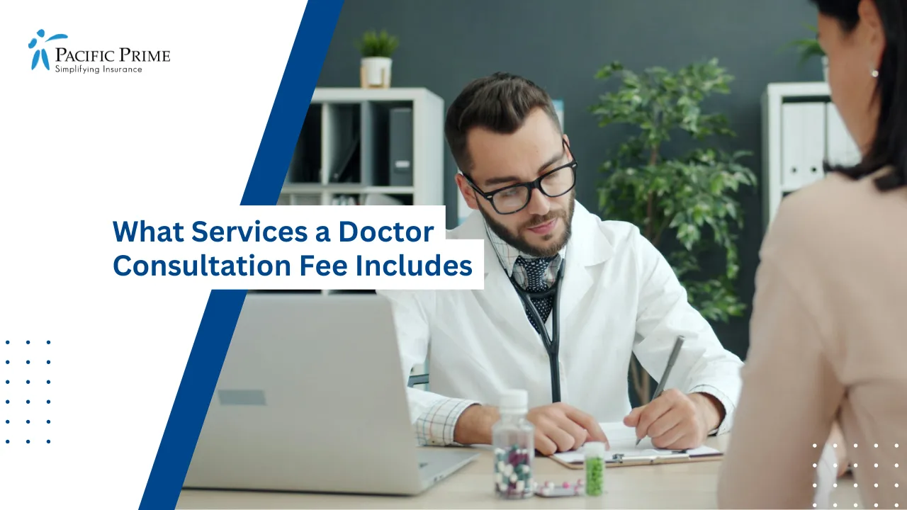 Image of Doctor Consulting Female Patient And Noting Medical Details In Clinic with text overlay of "What Services a Doctor Consultation Fee Includes"