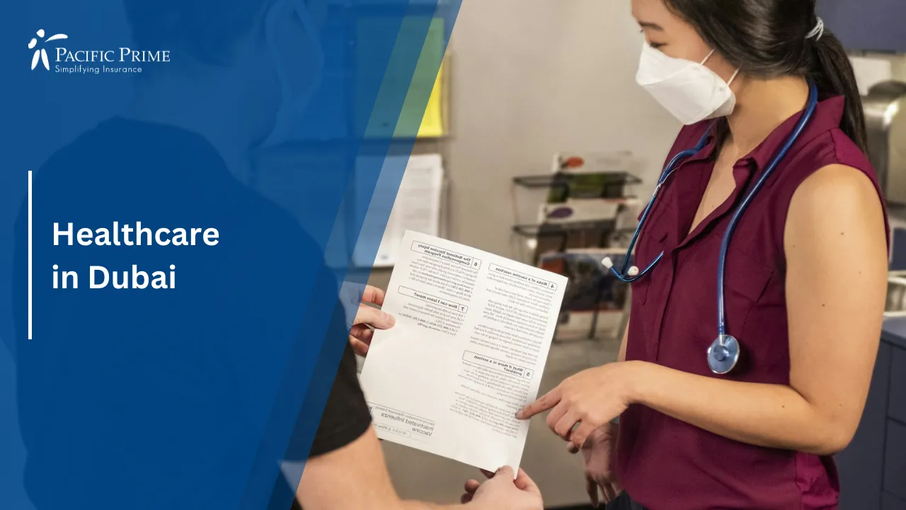 Image of Doctor Consulting Patient About Flu Vaccination Options In Clinic with text overlay of "Healthcare in Dubai"