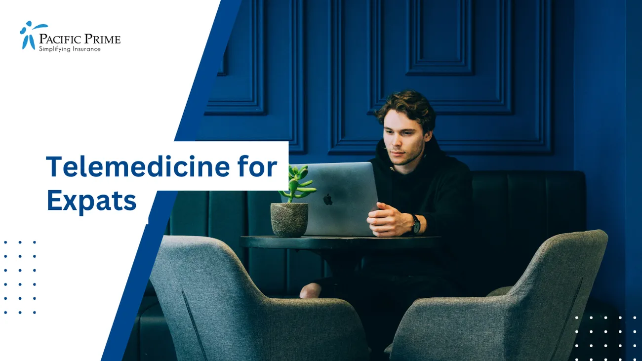 Image of a Doctor Consulting With Patient Via Video Call with text overlay of "Telemedicine for Expats"