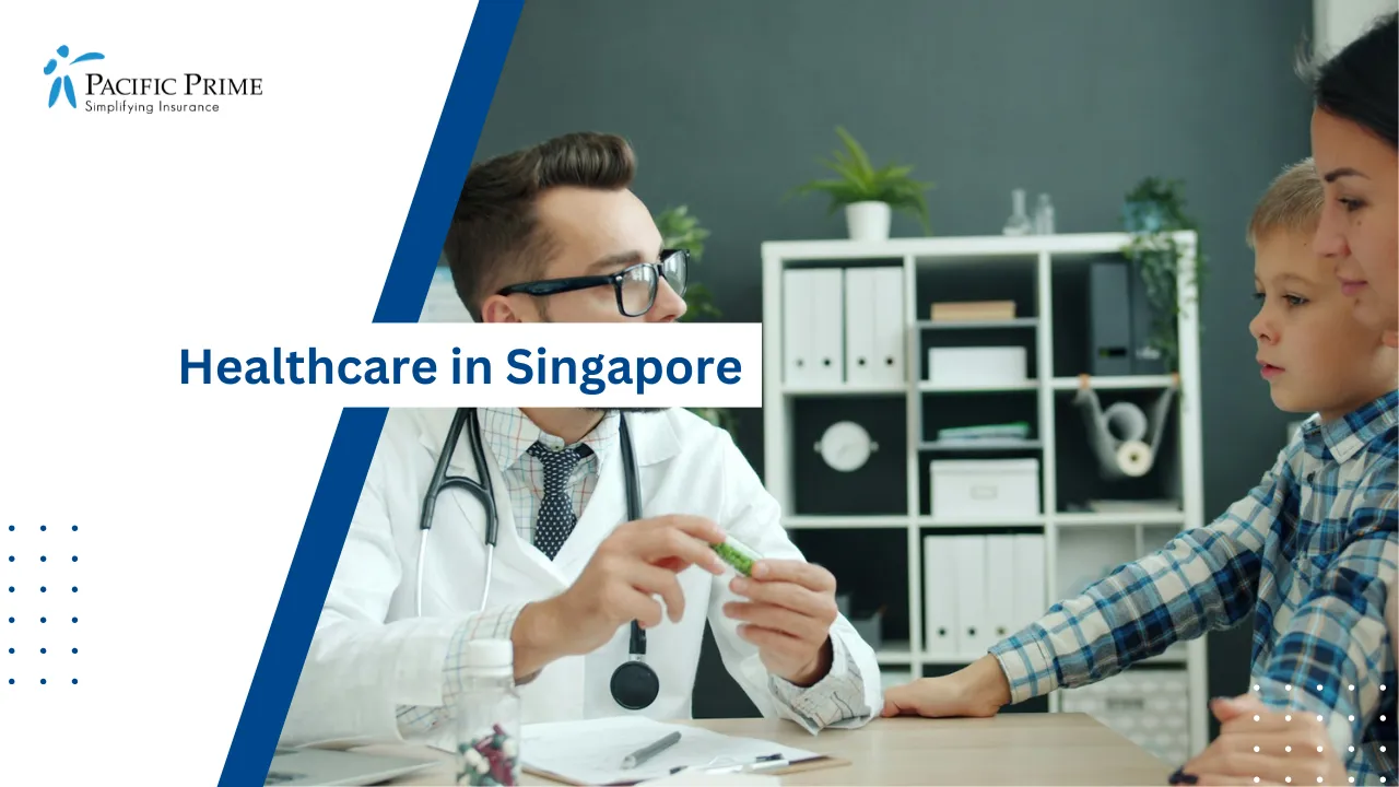 Image of Doctor Discussing Medication With Mother And Child During A Hospital Visit with text overlay of "Healthcare in Singapore"