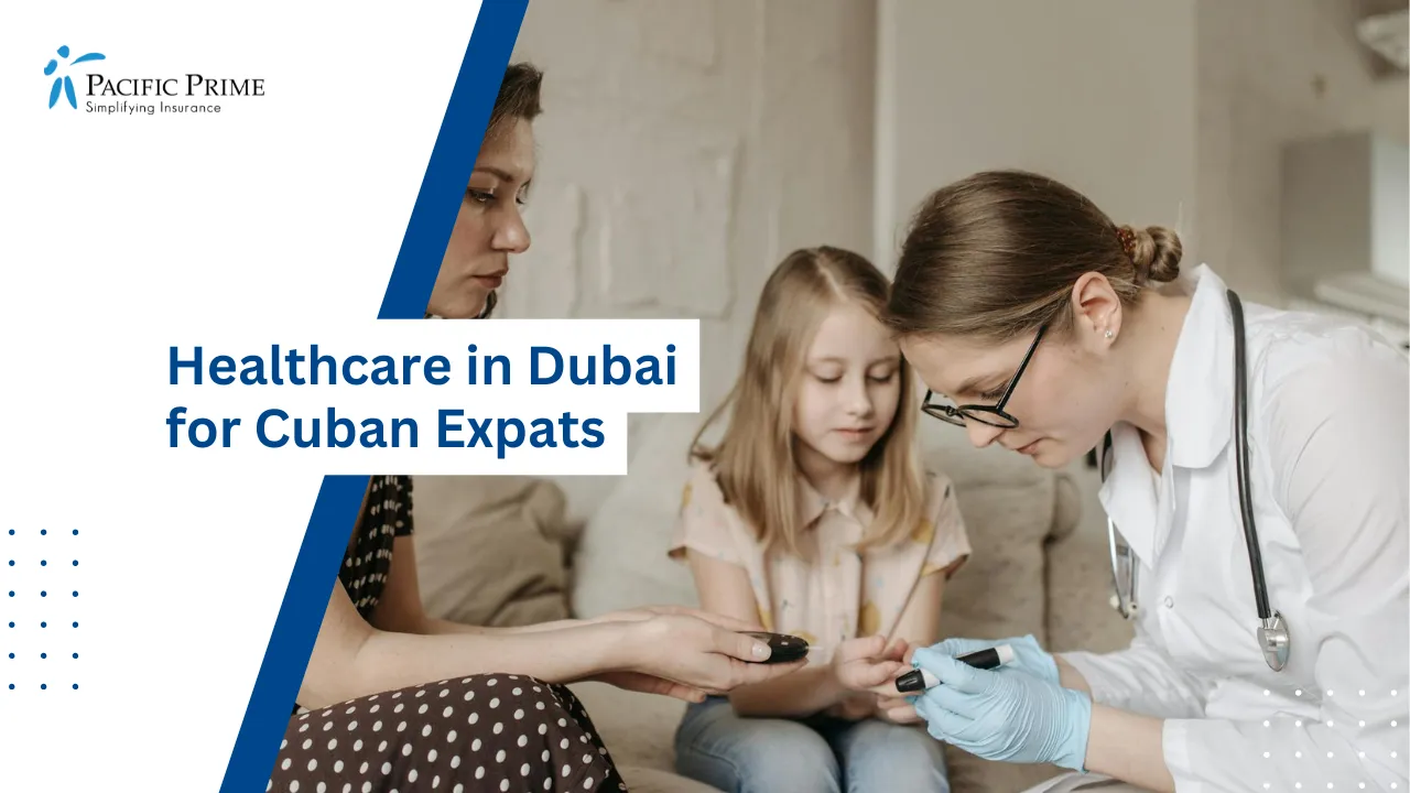 Image of Doctor Examining A Child During A Medical Checkup with text overlay of "Healthcare in Dubai for Cuban Expats"
