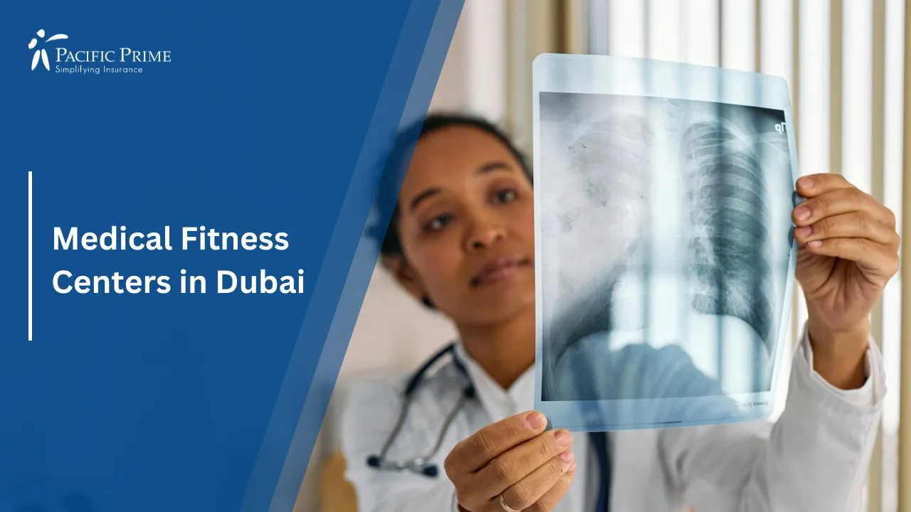 Image of Doctor Examining Chest X-ray In Medical Office with text overlay of "Medical Fitness Centers in Dubai"