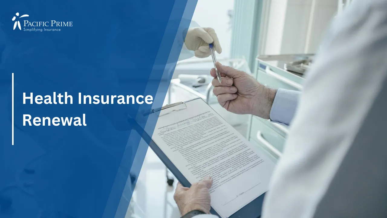 Image of Doctor Giving Clipboard To Patient For Signature During Consultation with text overlay of "Health Insurance Renewal"