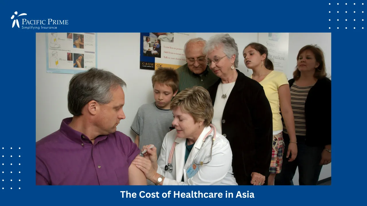 Image of Doctor Giving Injection To Patient With Others Present In Hospital Room with text overlay of "The Cost of Healthcare in Asia"