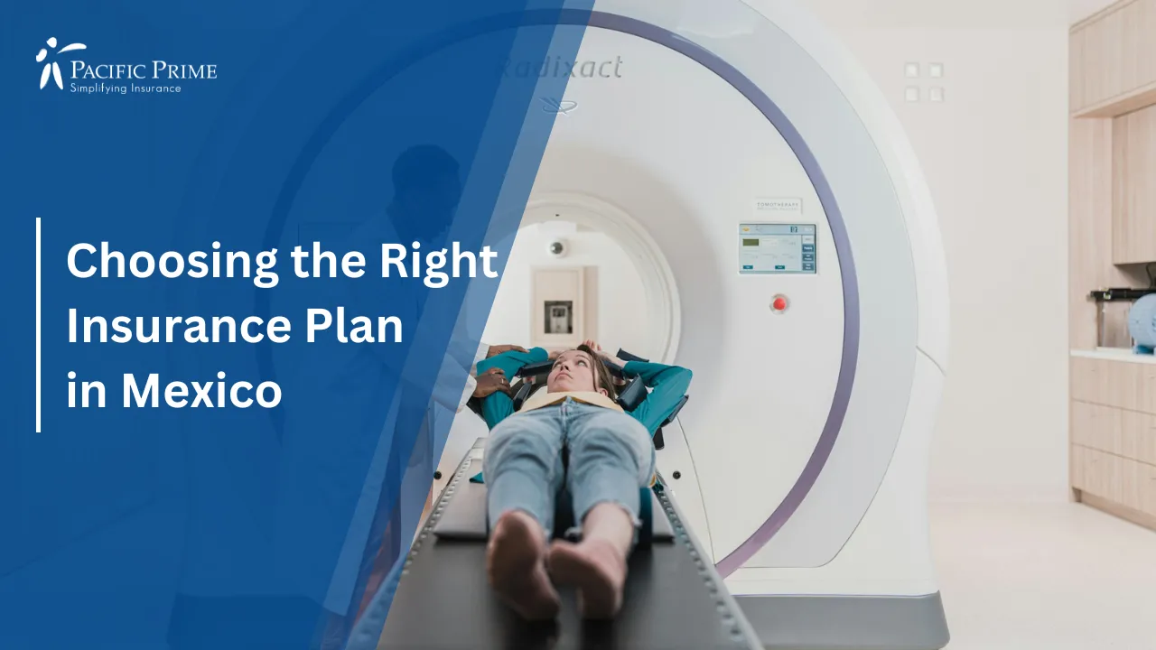 Image of Doctor Helps Patient During Mri Scan In Medical Exam Room with text overlay of "Choosing the Right Insurance Plan in Mexico"