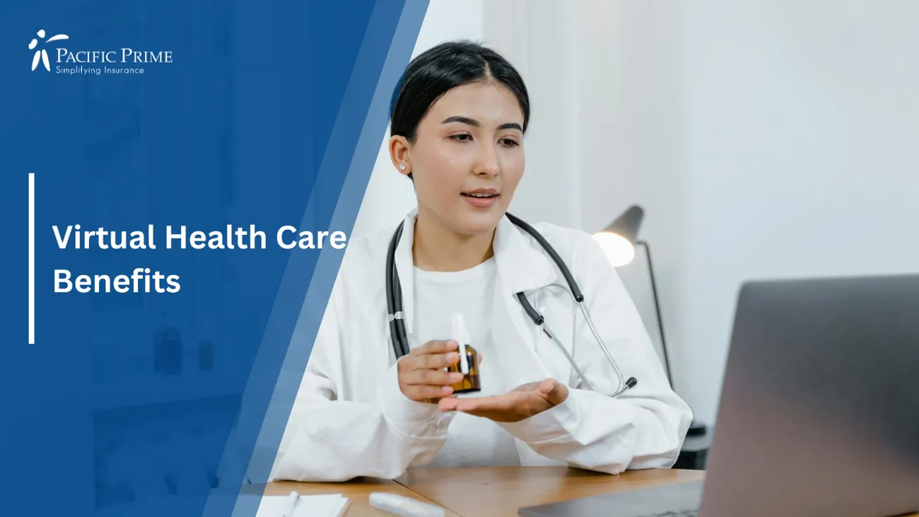Image of Doctor Holding A Medicine Bottle During A Telemedicine Video Call with text overlay of "Virtual Health Care Benefits"