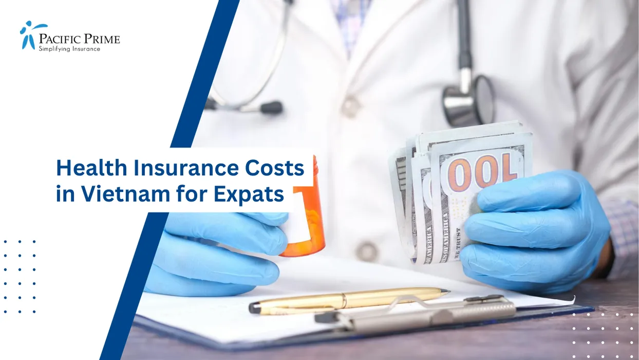 Image of Doctor Holding Cash And A Pill Bottle Symbolizing Medical Treatment Costs with text overlay of "Health Insurance Costs in Vietnam for Expats"
