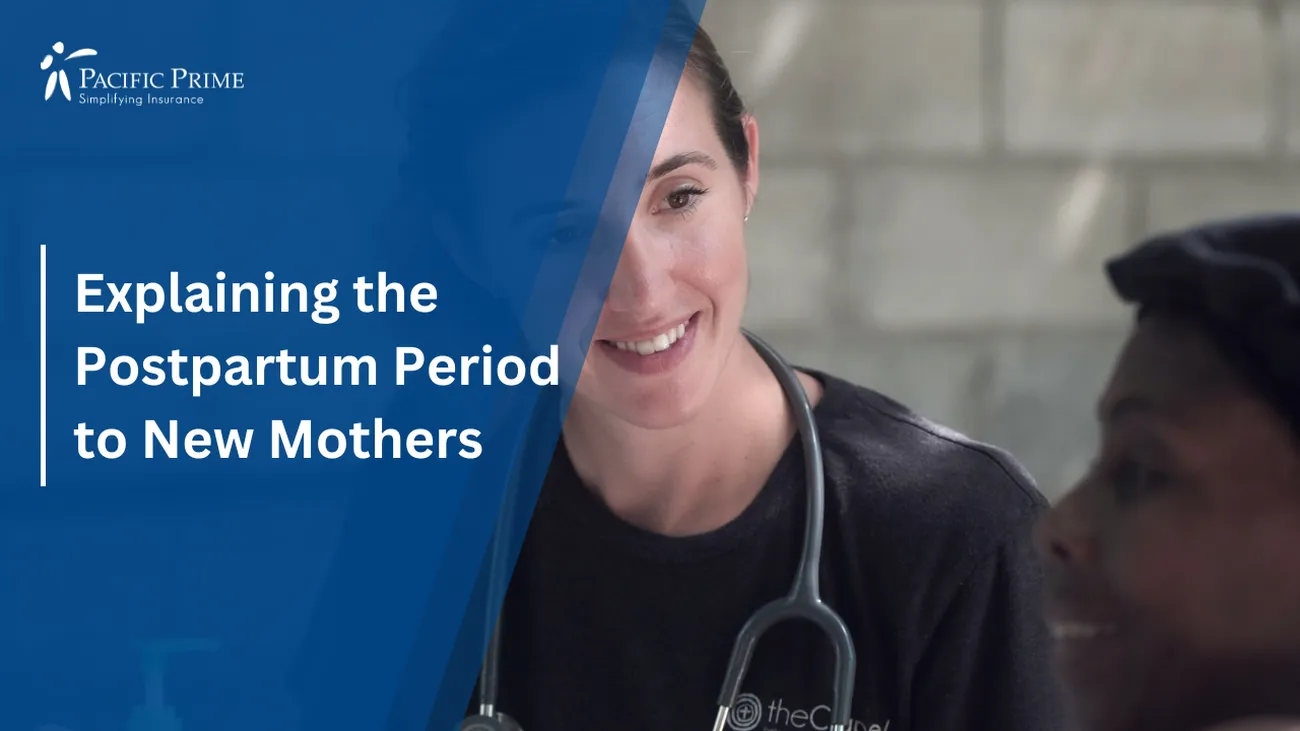 Image of a Doctor In Black Shirt Explaining Postpartum Period To New Mother with text overlay of "Explaining the Postpartum Period to New Mothers"