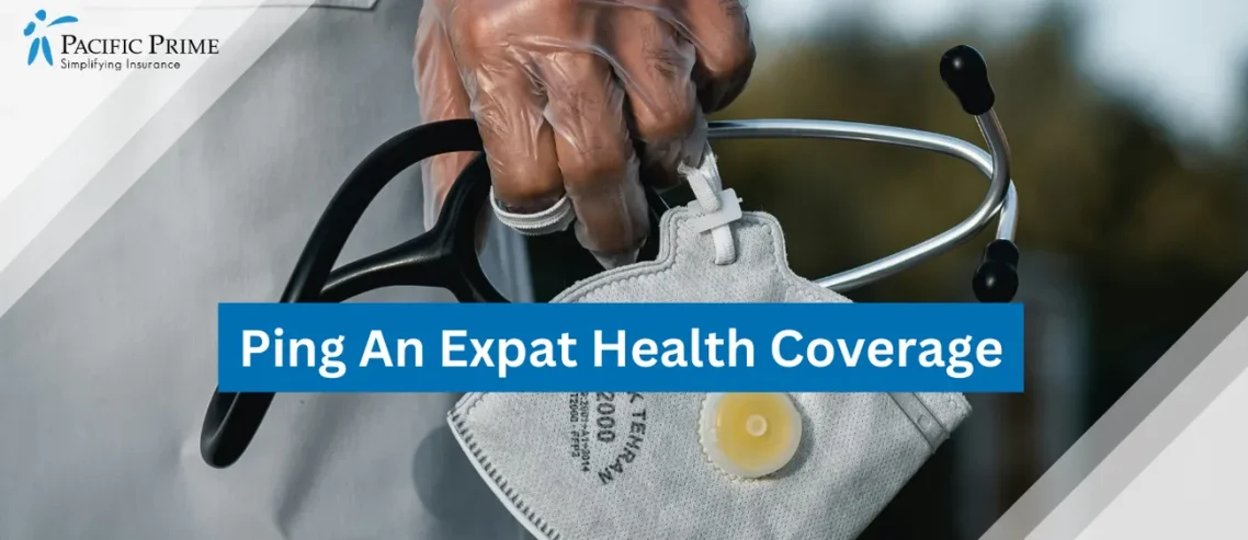 Image of Doctor In Blue Jeans With A Gray And Black Stethoscope With An Insurance Broker with text overlay of "Ping An Expat Health Coverage"