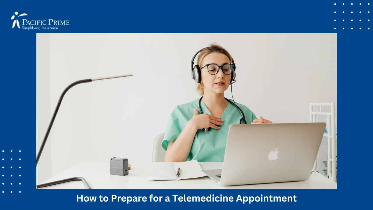 Image of Doctor In Scrubs Using Headphones During Online Video Consultation with text overlay of "How to Prepare for a Telemedicine Appointment"