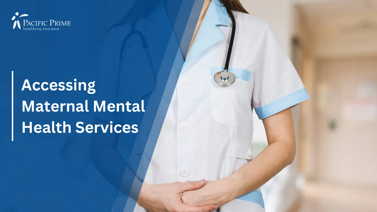 Image of a Doctor In White Coat With Stethoscope with text overlay of "Accessing Maternal Mental Health Services"