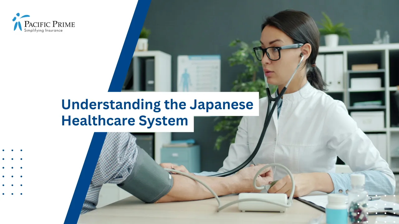 Image of Doctor Measures An Elderly Patient&rsquo;s Blood Pressure During A Clinic Visit with text overlay of "Understanding the Japanese Healthcare System"
