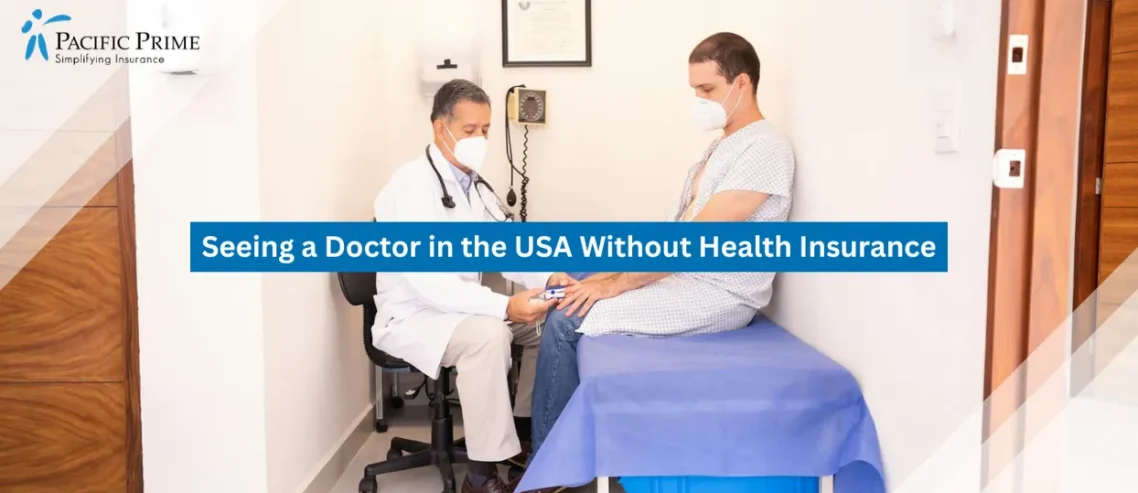 Image of Doctor Measuring A Patient’s Vitals During A Routine Clinic Visit with text overlay of "Seeing a Doctor in the USA Without Health Insurance"