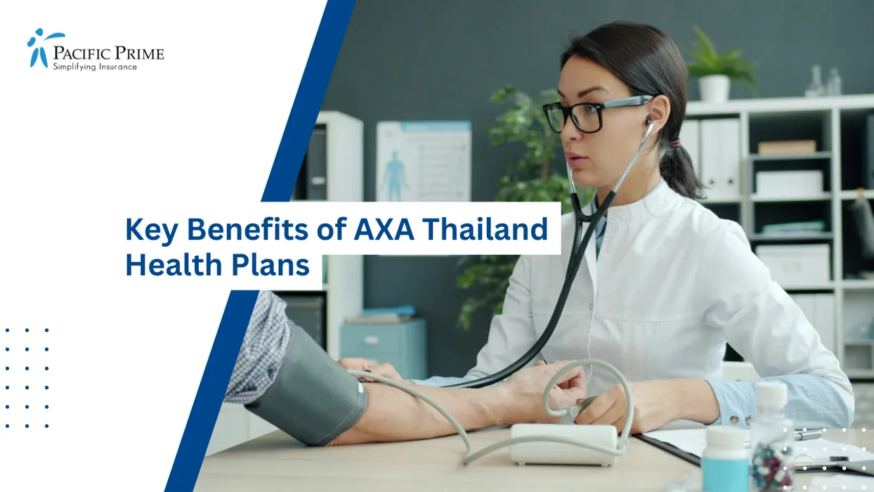 Image of Doctor Measuring An Elderly Patient’s Blood Pressure During A Clinic Consultation with text overlay of "Key Benefits of AXA Thailand Health Plans"