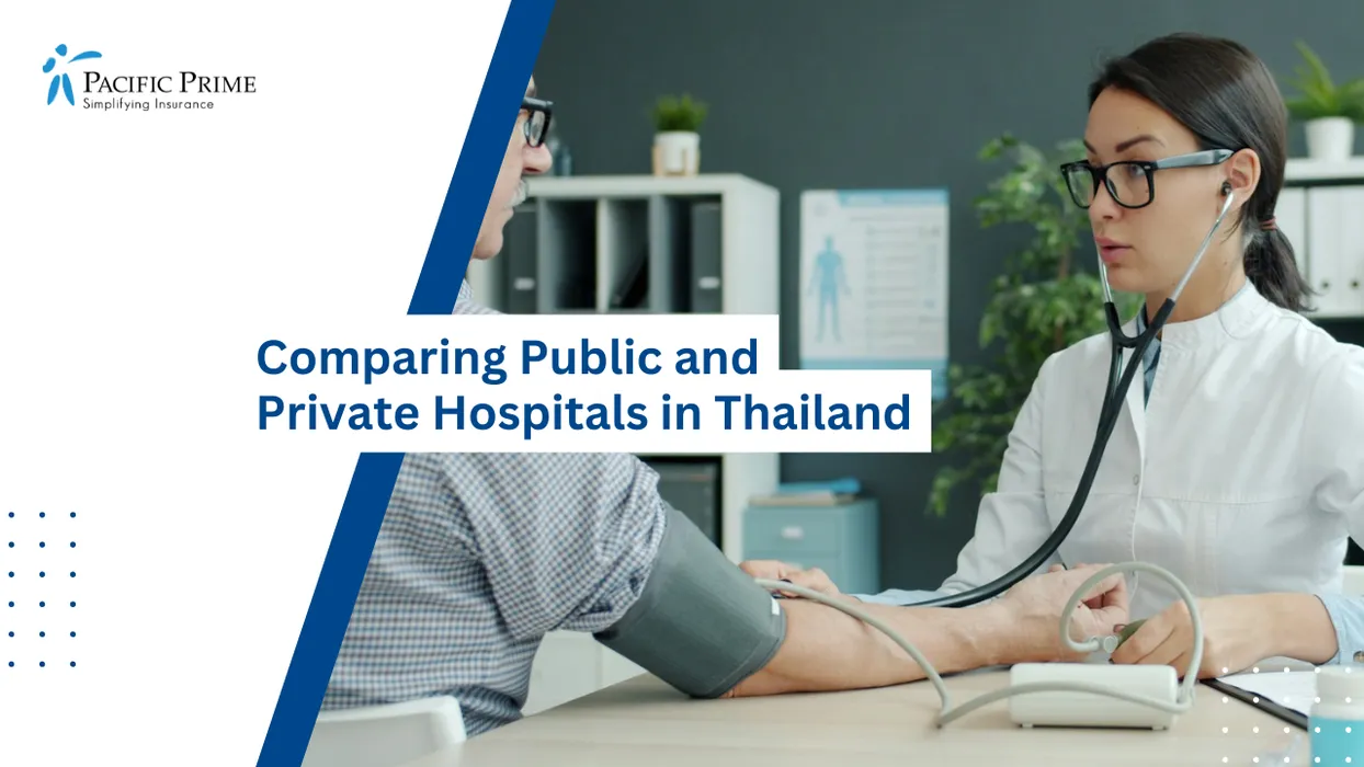 Image of Doctor Measuring Blood Pressure For A Senior Patient During A Medical Consultation In Clinic with text overlay of "Comparing Public and Private Hospitals in Thailand"