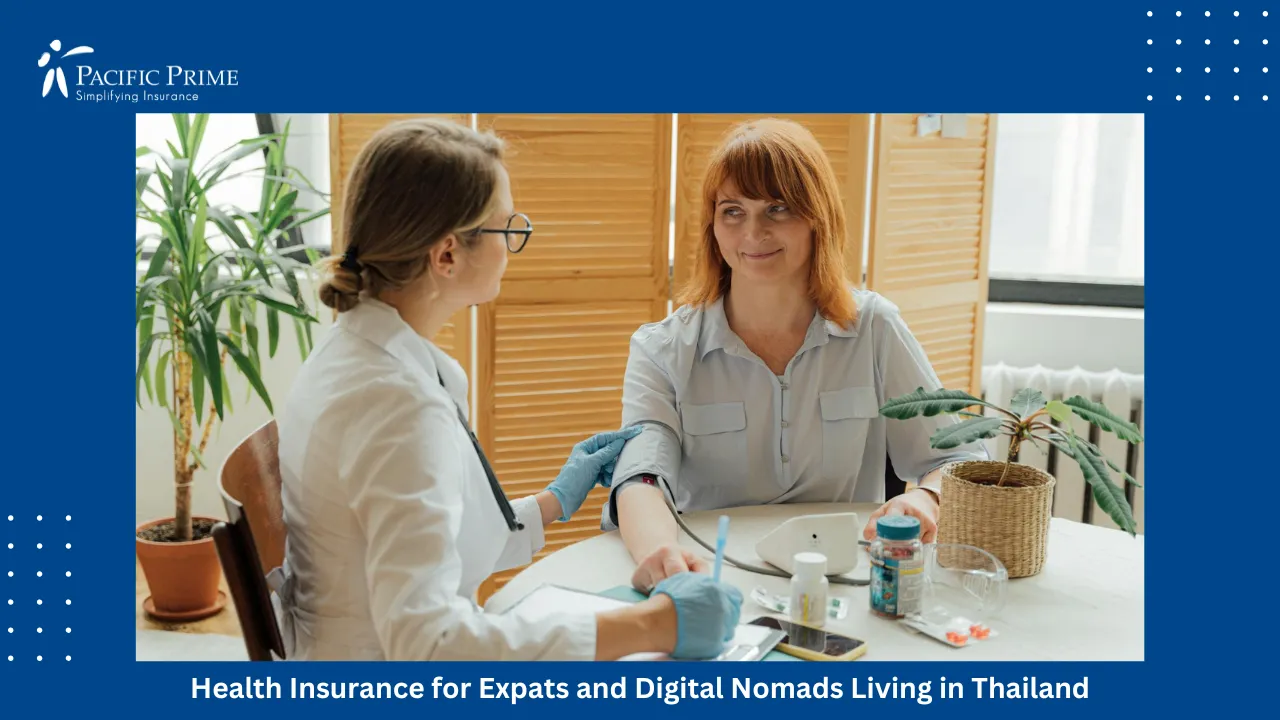 Image of Doctor Measuring Patient’s Blood Pressure with text overlay of "Health Insurance for Expats and Digital Nomads Living in Thailand"