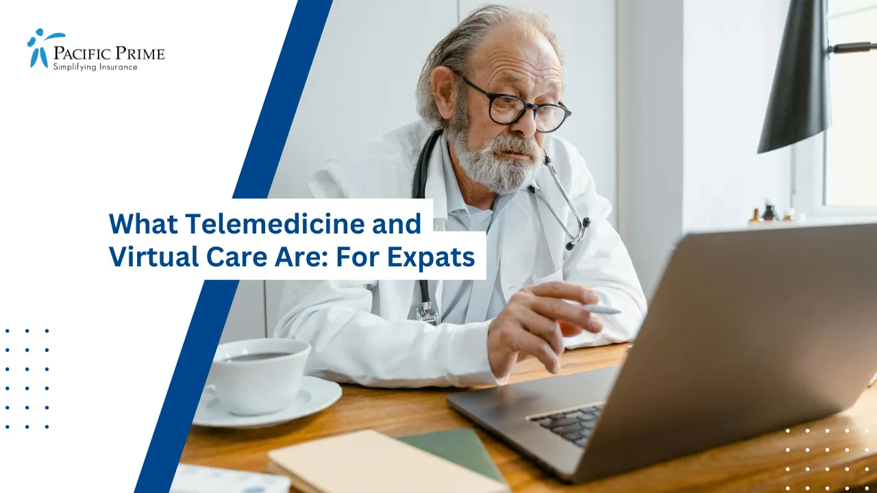Image of Doctor Offering Telemedicine Consultation Remotely with text overlay of "What Telemedicine and Virtual Care Are: For Expats"