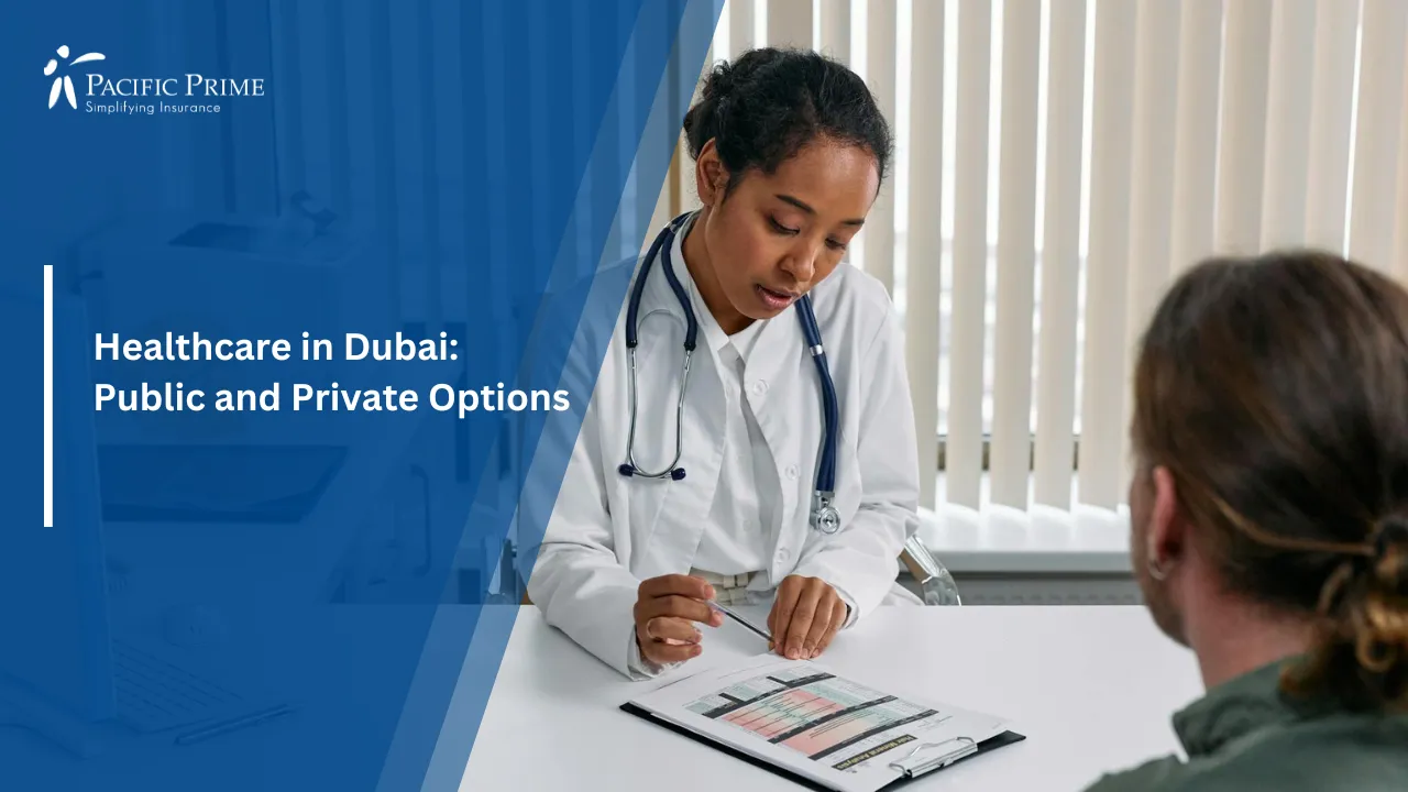Image of Doctor Reviewing Medical Chart With Patient In Office with text overlay of "Healthcare in Dubai: Public and Private Options"