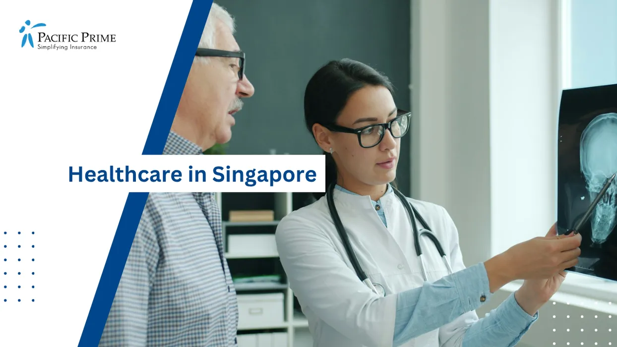 Image of Doctor Reviewing X-ray With Senior Patient During Clinic Consultation with text overlay of "Healthcare in Singapore"