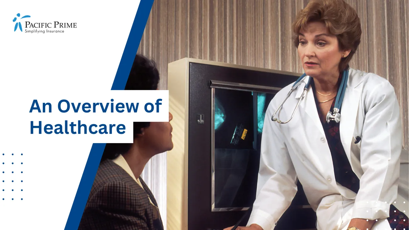 Image of a Doctor Sitting At Desk Talking To A Seated Woman Patient with text overlay of "An Overview of Healthcare"