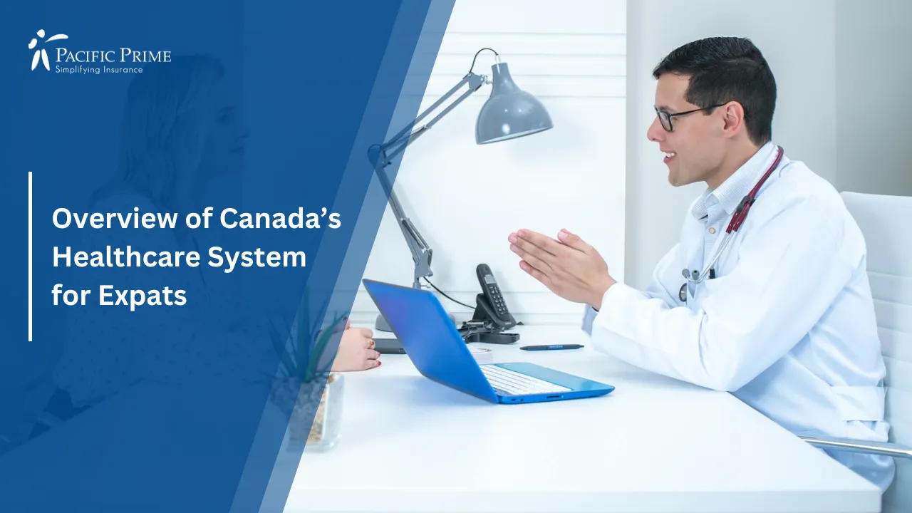 Image of Doctor Speaking With A Woman During A Clinic Consultation with text overlay of "Overview of Canada’s Healthcare System for Expats"