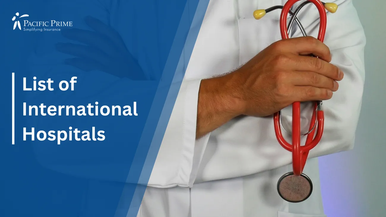 Image of a Doctor Wearing A Stethoscope with text overlay of "List of International Hospitals"