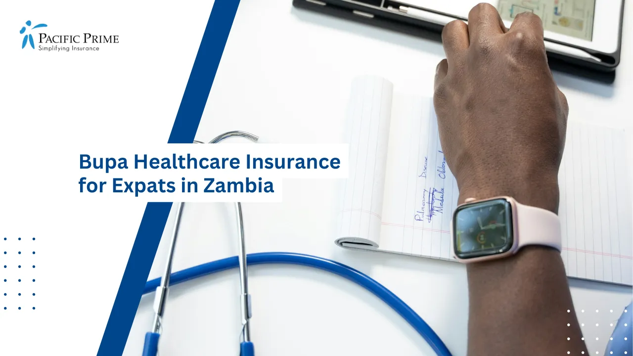 Image of Doctor With Smartwatch And Stethoscope On Table with text overlay of "Bupa Healthcare Insurance for Expats in Zambia"