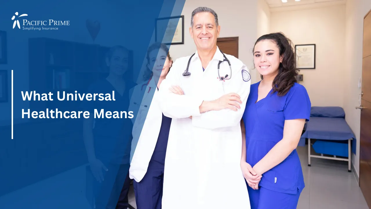 Image of Doctors And Medical Staff Working Together In A Clinical Office Environment with text overlay of "What Universal Healthcare Means"