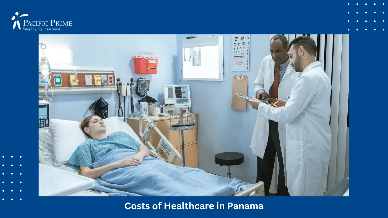 Image of Doctors Discussing Patient Care In A Hospital Environment with text overlay of "Costs of Healthcare in Panama"