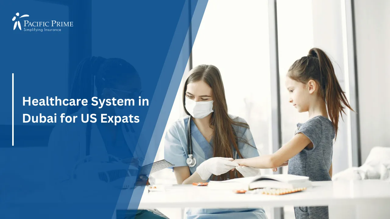 Image of Doctors In Facemasks Examining A Young Girl with text overlay of "Healthcare System in Dubai for US Expats"