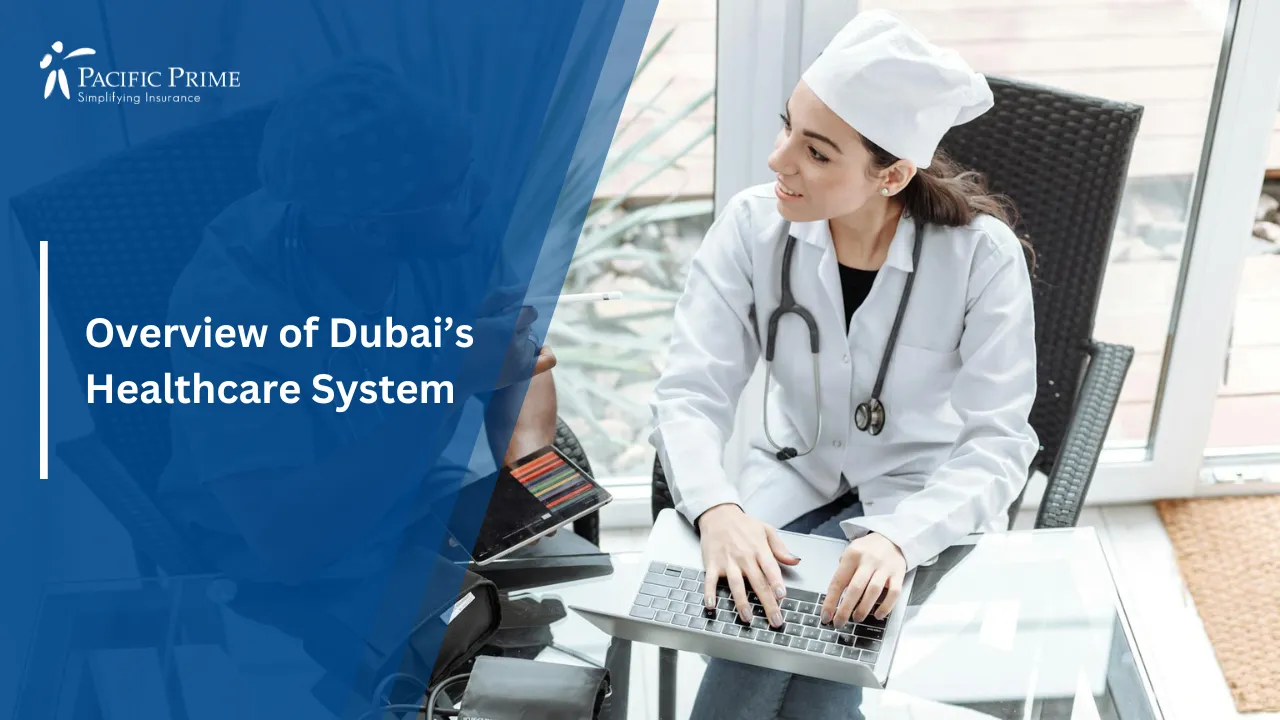 Image of Doctors Seated At A Glass Table In Discussion with text overlay of "Overview of Dubai’s Healthcare System"